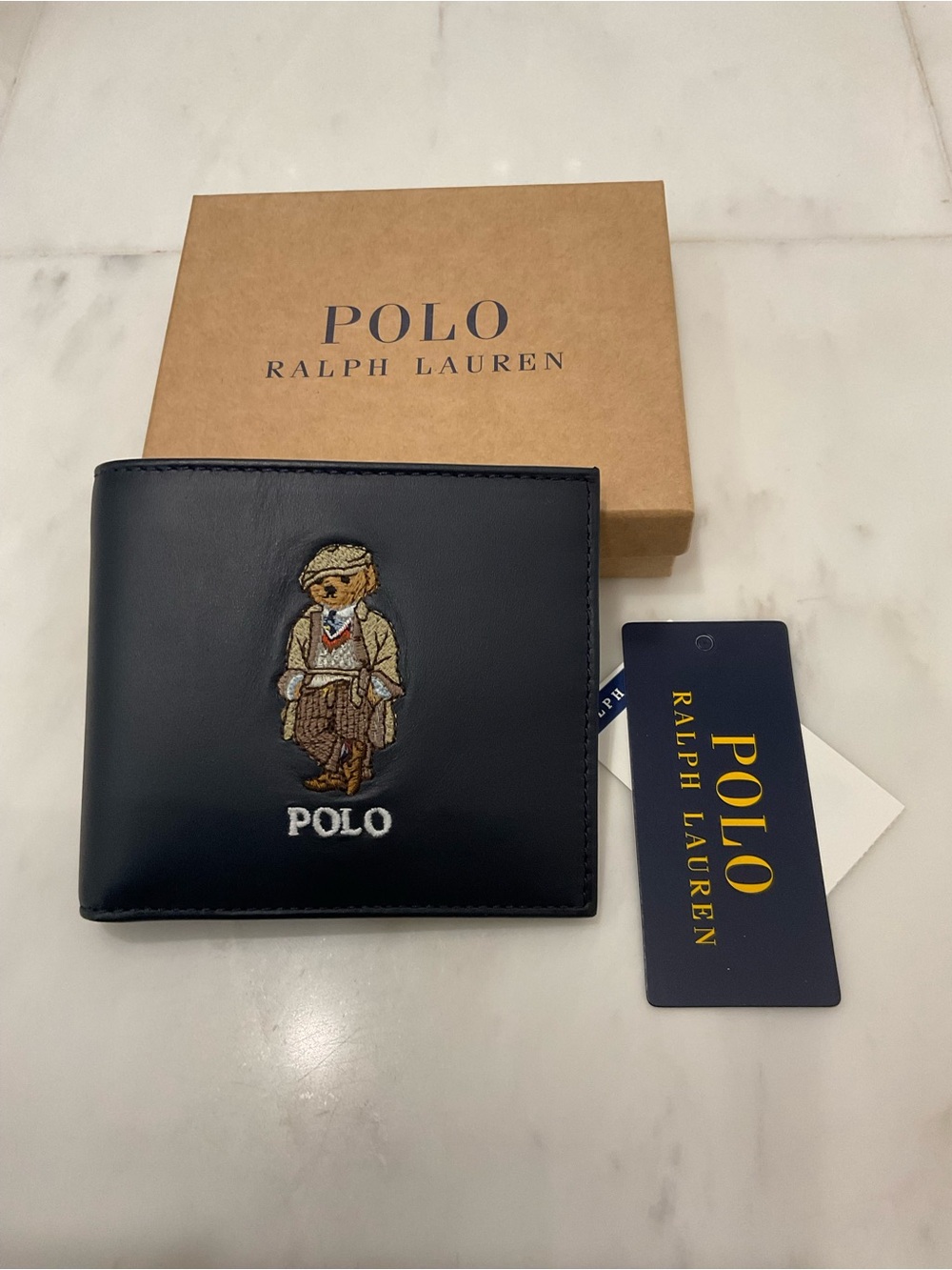 NEW Polo Ralph Lauren Navy Blue HERITAGE BEAR Leather Double Billfold Wallet - Picture 6 of 11